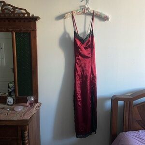 Luxurious gorgeous  Deep Red Satin nightgown with Lace Trim